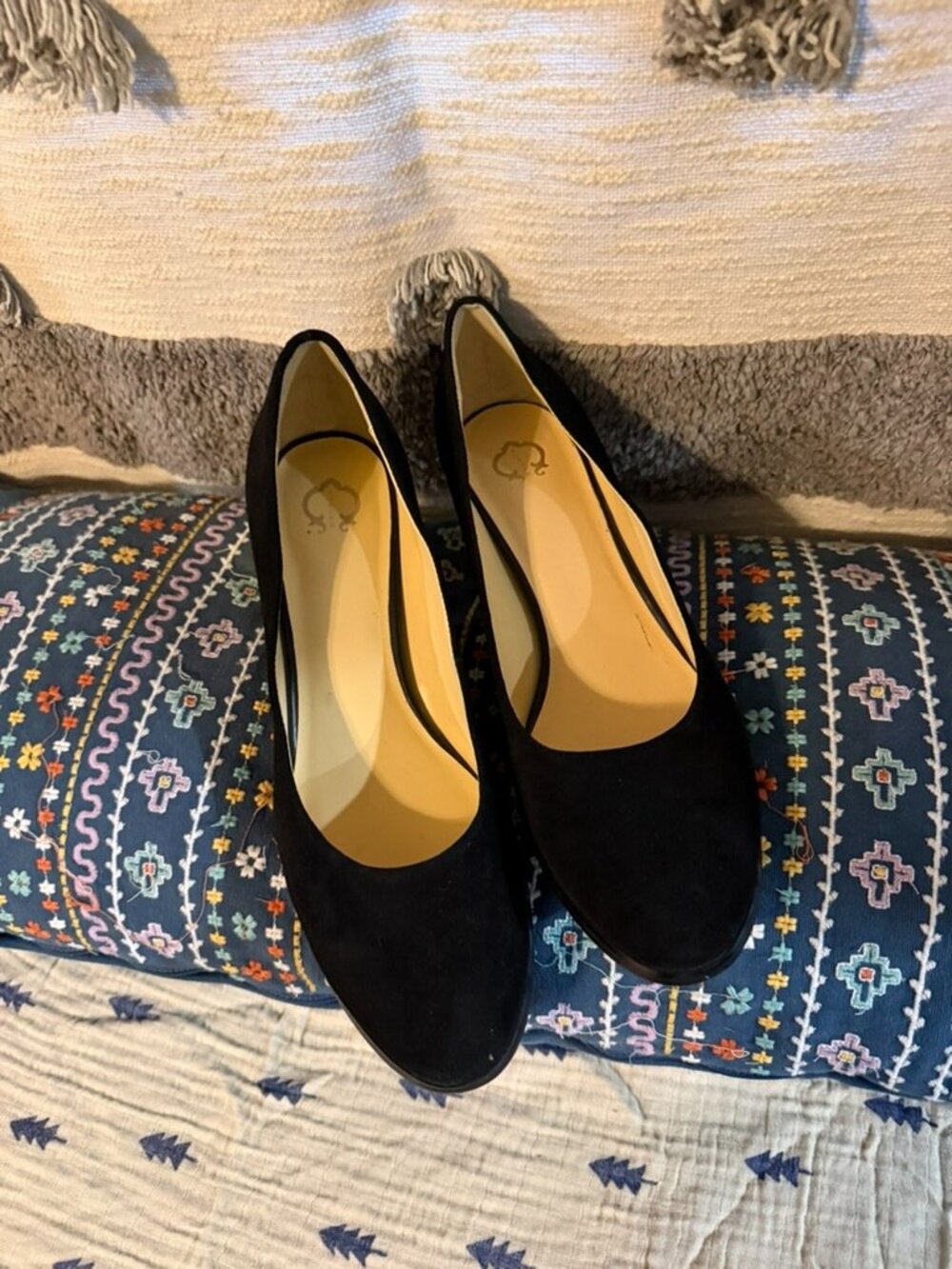 C. Wonder Eliza Black Suede Pumps with Gold Hammered Block Heel Size 9M